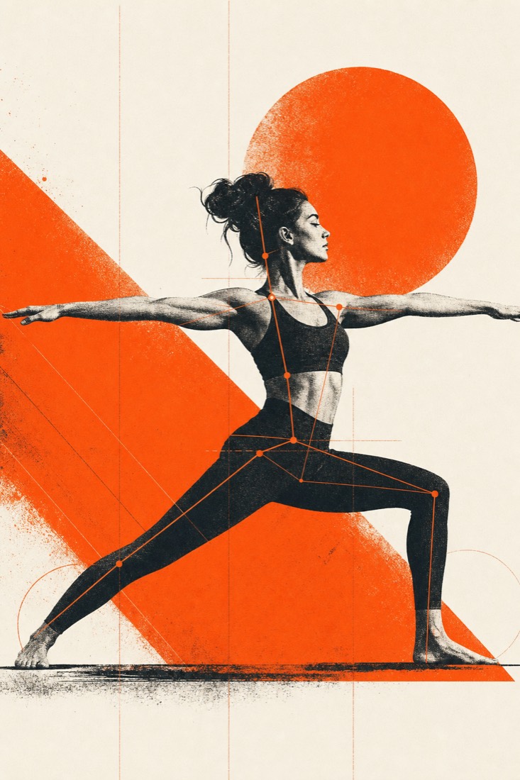 Illustration of a yoga warrior pose with alignment overlays
